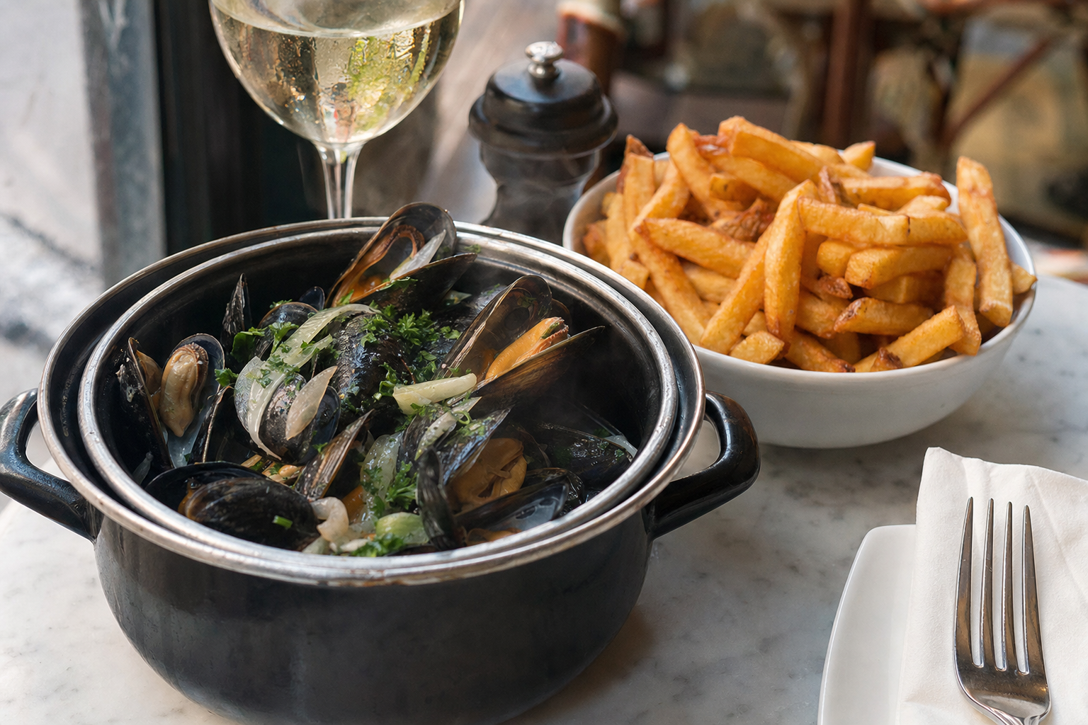 Close-up af moules-frites på et fransk bistrobord i dagslys